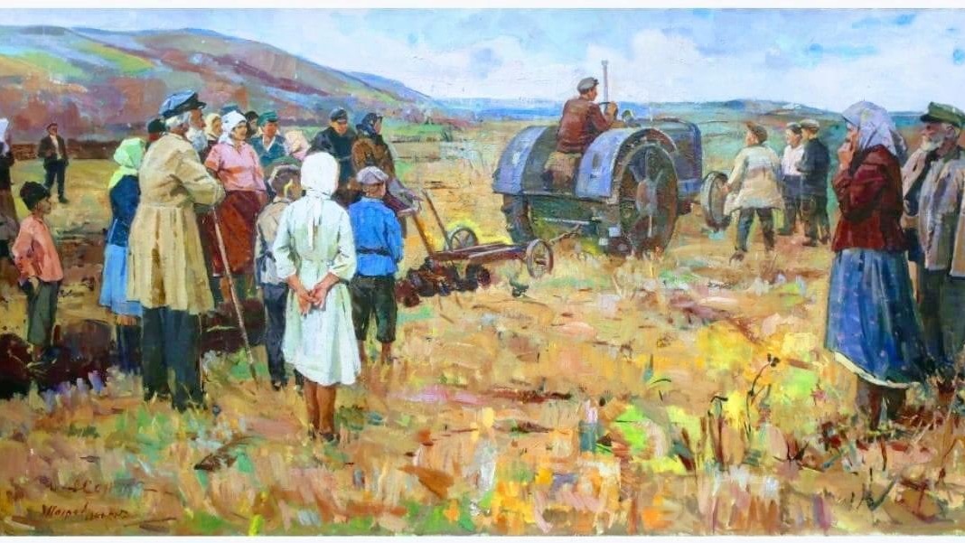 Чекмасов первый трактор. Картина первый трактор. Первый трактор художник. Первый трактор на селе картина.